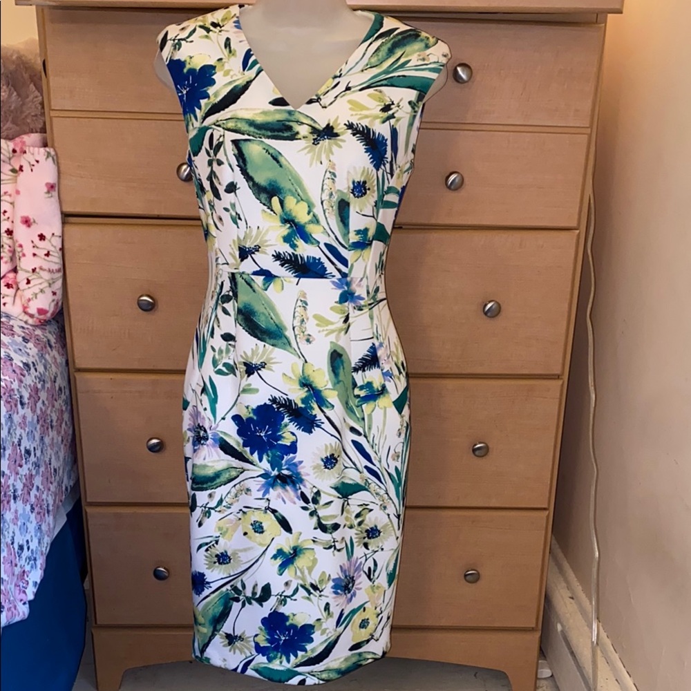 Calvin Klein Blue and Green Floral V-Neck Sheath Dress